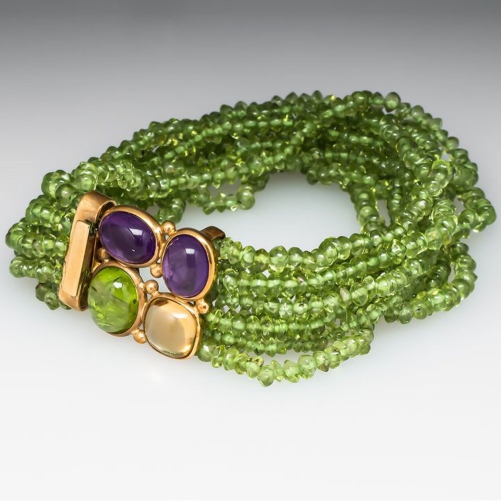 18K Italian gold very rare RAJOLA multi strand natural peridot beaded bracelet